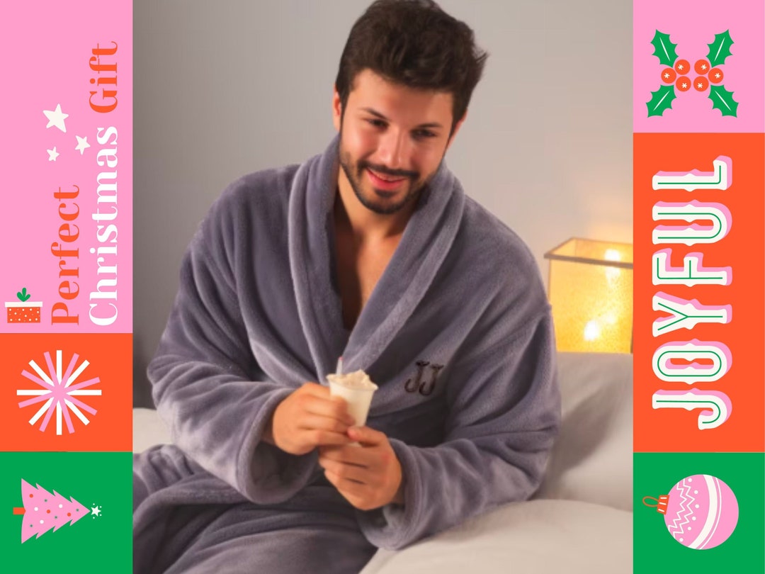 Embroidered Men's Plush Robe, Luxurious Loungewear, Plush Bathrobe