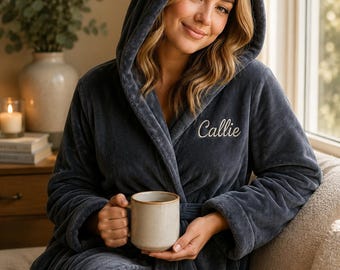 Embroidered Fleece Hooded Bathrobe: Personalized Spa Loungewear