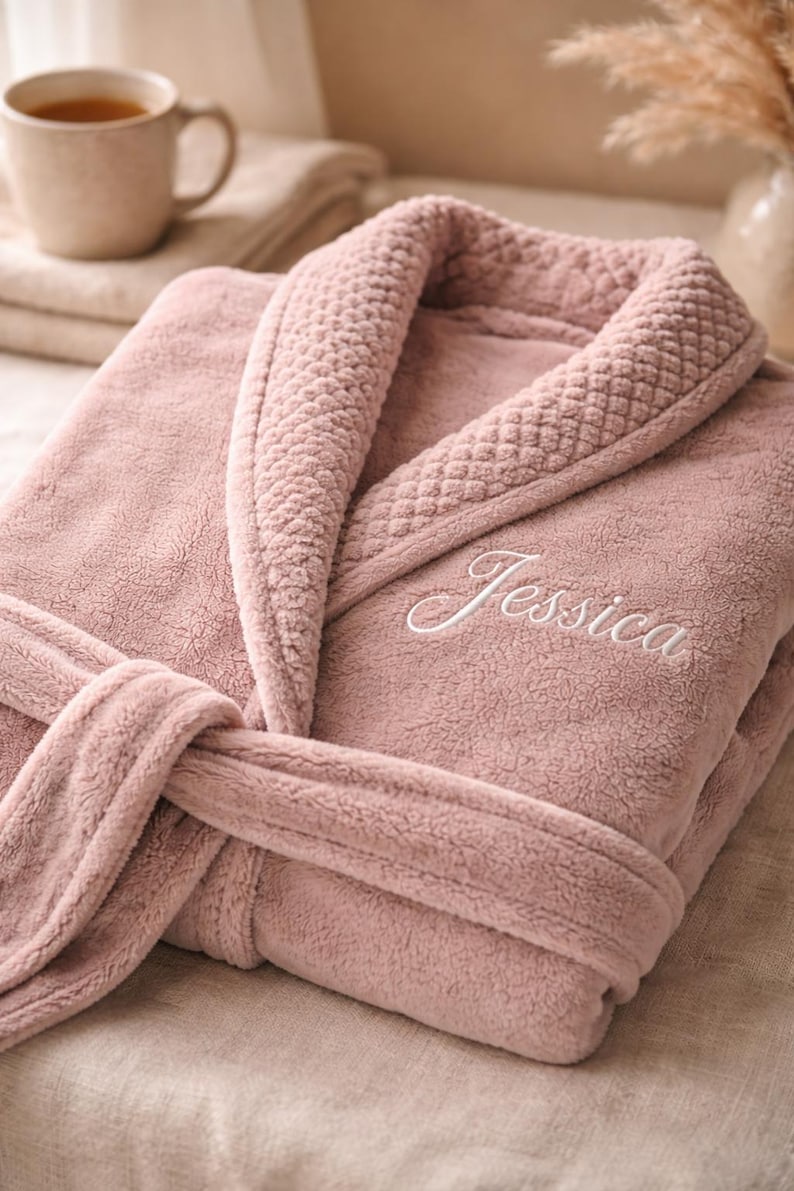 May include: A dusty rose-colored plush bathrobe with a shawl collar and a matching belt. The word "Jessica" is embroidered in white script on the front. The robe is folded neatly, suggesting a spa or relaxation theme.