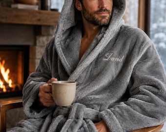 Mens Hooded Robe, Luxury Plush Fleece Bathrobe with Custom Embroidery