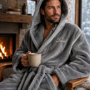 Mens Hooded Robe, Luxury Plush Fleece Bathrobe with Custom Embroidery