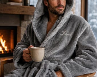 Mens Hooded Robe, Luxury Plush Fleece Bathrobe with Custom Embroidery