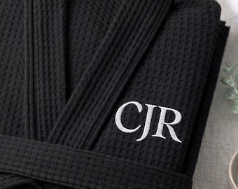 Personalized Black Waffle Robe for Men | Embroidered Cotton Spa Bathrobe, Groomsmen Gift