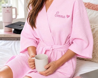 Graduation Gift Short Waffle Robe for Her, Personalized Lightweight College Dorm Wrap