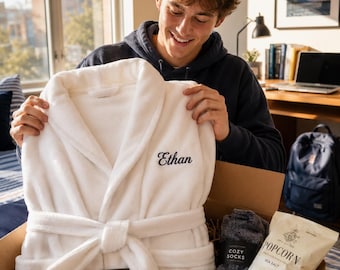 College Care Package Gift | Personalized Lightweight Plush Robe | Custom Embroidered Fleece Bathrobe for College Student | Dorm Essential