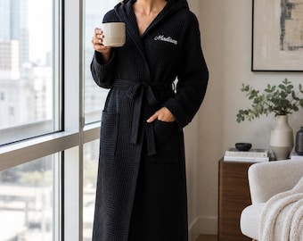 Personalized Waffle Hooded Robe, Embroidered Monogram Gift Women