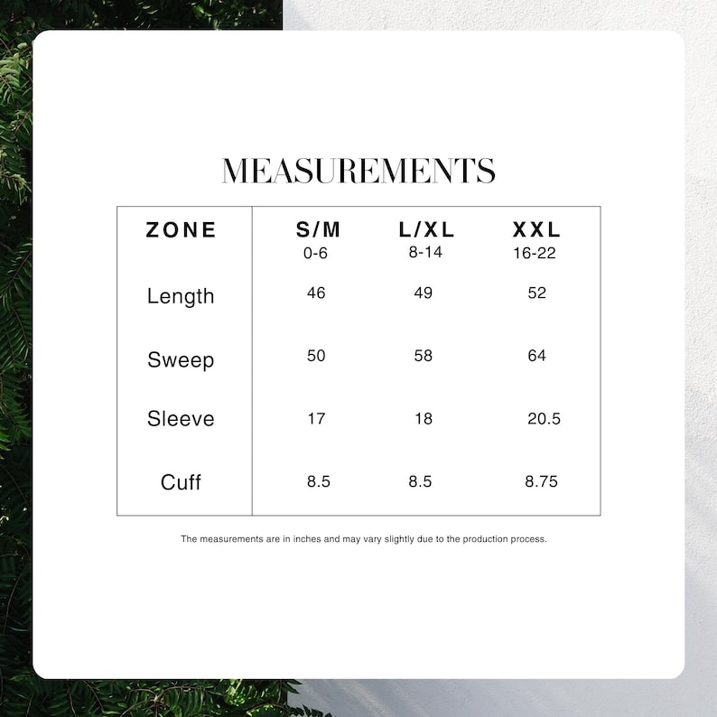 May include: A white background with a table of garment measurements in inches. The table includes measurements for length, sweep, sleeve, and cuff for sizes S/M, L/XL, and XXL. The text "MEASUREMENTS" is at the top.