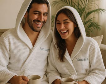 Personalized Waffle Robe Set for Couples: Custom Hooded Bathrobes