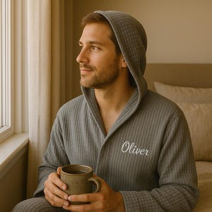 Waffle Hooded Robe For Men, Embroidered Gift for Fathers Day, Custom Groom & Groomsmen Robe, 1st Father&#39;s Day Gift, Mens Housecoat