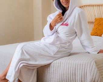 Embroidered Plush Fleece Robe - Personalized White Bathrobe, Real Embroidery
