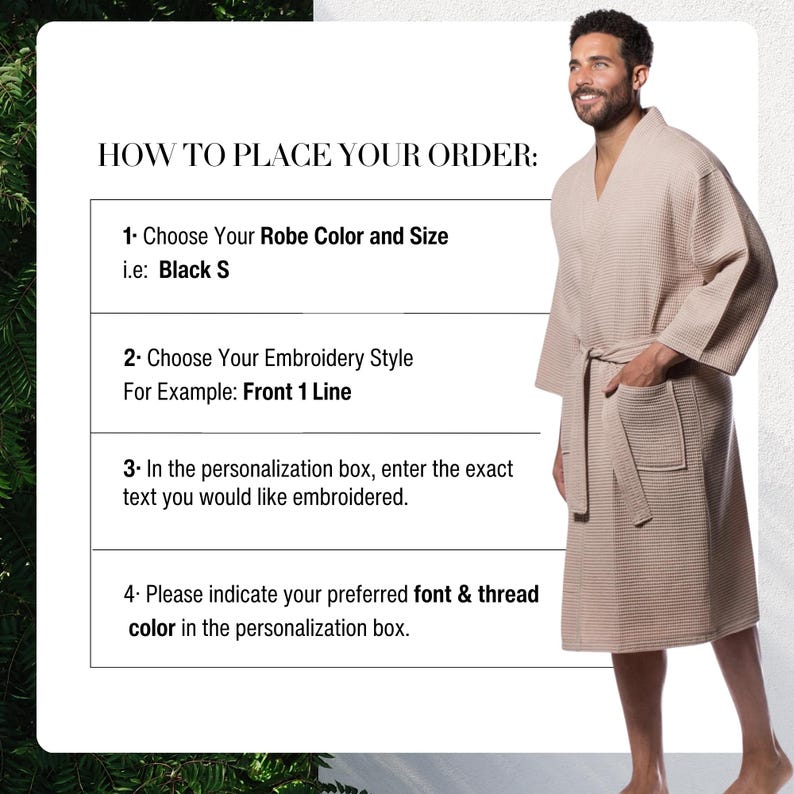 May include: A beige waffle-weave robe with a matching belt and pockets. The image includes instructions on how to place an order, including choosing the robe color and size, embroidery style, and font and thread color.