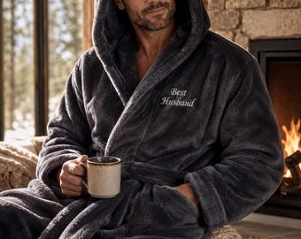 Personalized Husband Gift – Luxury Hooded Plush Robe for Him, Embroidered Fleece Bathrobe