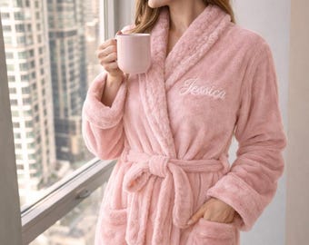 Personalized Robe, Embroidered Fleece Bathrobe in Plush Fabric with Custom Name