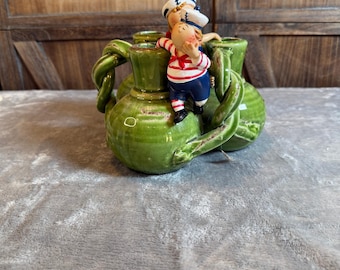 Vintage Nautical Sailor Boy Girl Triple Bud Vase Green Pottery Coastal Decor