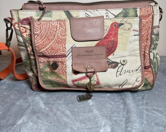 Velez Bird Print Canvas & Leather Messenger Crossbody Satchel Bag