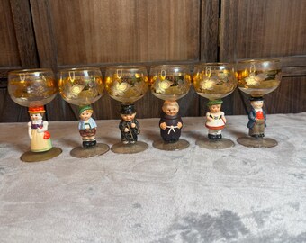 Vintage Figural Stem Wine Glasses Set 6 Folk Character Gold Floral Cordials