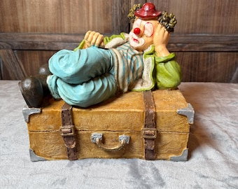 Sleeping Clown Figurine on Vintage Suitcase Resin Sculpture  Whimsical Home Accent
