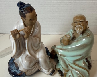 Vintage Asian Ceramic Figurines Set Sage Monk & Flute Player Hand Painted Pottery Decor