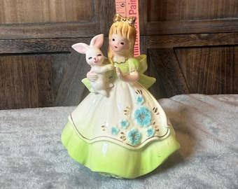 Vintage Girl Holding Bunny Rabbit Ceramic Music Box Figurine Green Dress