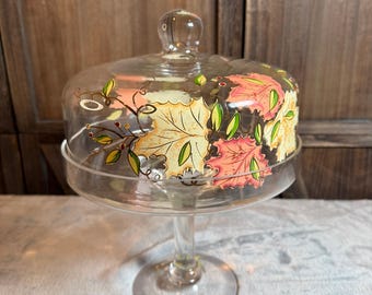 Vintage Hand Painted Glass Cake Stand Dome Autumn Maple Leaf Covered Pedestal