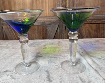 Pair Hand Blown Art Glass Martini Cocktail Glasses Blue Green Stemware
