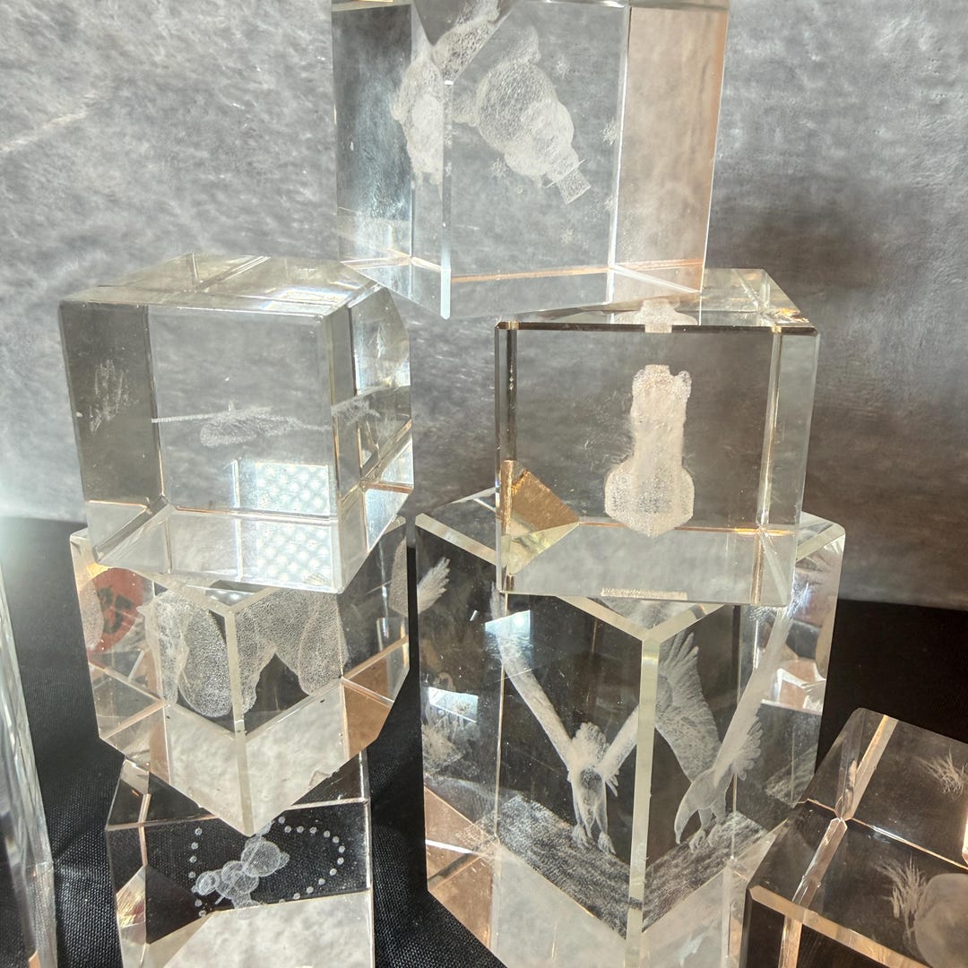 Vintage Crystal Glass Cube Set 3D Laser Etched Animal Paperweights Home ...