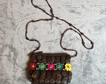Handmade Coconut Shell Crossbody Purse Boho Floral Beaded Tropical Shoulder Bag