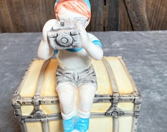 Vintage Ceramic Boy with Camera Trinket Box World Tour Travel Chest Keepsake Jewelry Box
