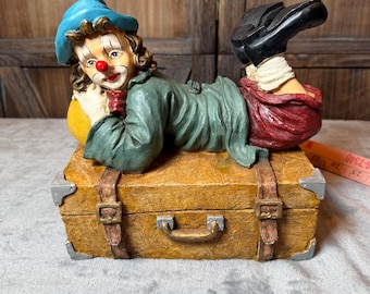 Vintage Clown Figurine Lying On Suitcase Resin Circus Clown Statue Whimsical Shelf Decor