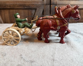 Vintage Cast Iron Horse Drawn Wagon Toy Driver Primitive Farm Decor 10"