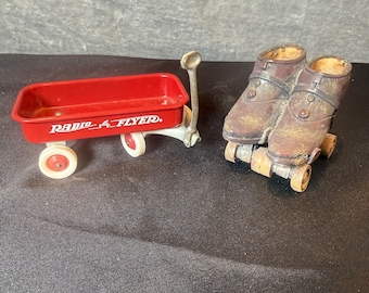 Radio Flyer Wagon & Roller Skate Boot Planter Set Rustic Farmhouse Decor