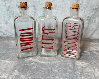 Vintage Mid Century Liquor Bottle Set: Vodka, Gin, Scotch Barware Home Decor