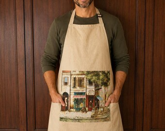 French Cafe Paris Street Scene Apron Ramie Cotton Adjustable Kitchen Apron