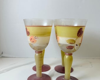 Vintage Hand Painted Frosted Glass Wine Goblets Floral Stemware Set of 4