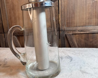 Vintage Atomic Starburst Glass Ice Tea Pitcher Chrome Lid Aluminum Ice Core MCM