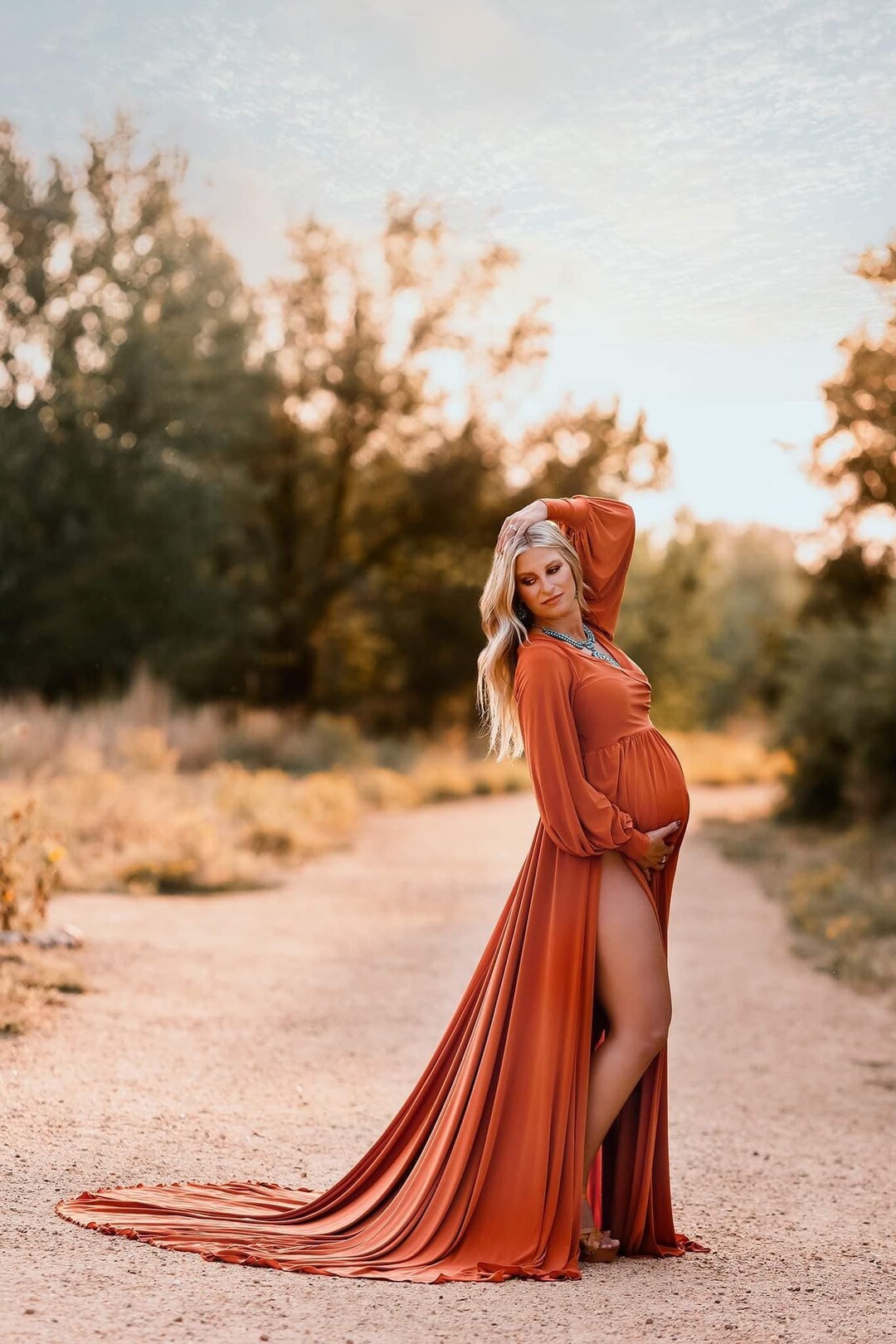Burnt Orange Maternity Dress, Leg Slit Maternity Dress, Fall Maternity