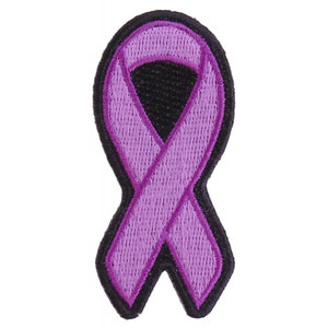 May include: Purple ribbon embroidered patch with a black outline. The ribbon is tied in a knot.