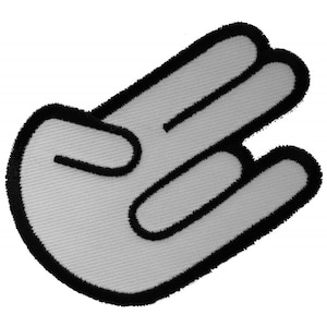 May include: A white hand with black outlines, making the "hang loose" gesture with three fingers extended.