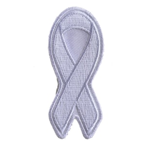May include: A white ribbon embroidered patch. The ribbon is a symbol of awareness and support for various causes.