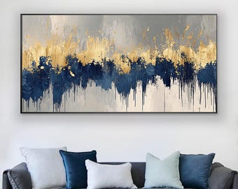 Gold Leaf Blue Abstract Painting: Textured Modern Wall Art
