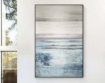 Dipinto astratto grigio-blu dell'oceano: arte murale costiera strutturata