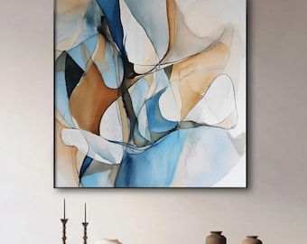 Abstract Blue Beige Modern Painting on Canvas