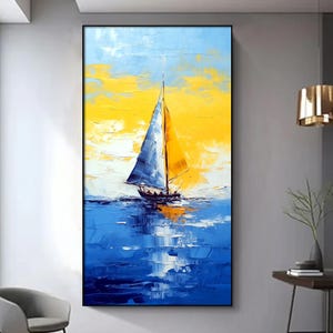 Pintura al óleo con textura de velero oceánico sobre lienzo, arte mural abstracto costero azul, arte mural de gran tamaño con paisaje marino y velero vertical.