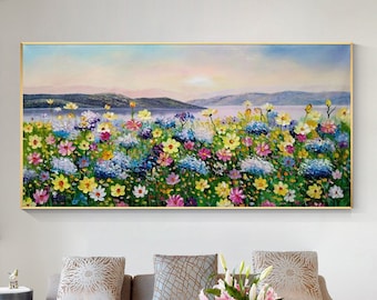 Colorful Wildflower Painting: Textured Coastal Mountain Flower Landscape Canvas Art