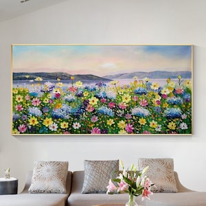 Colorful Wildflower Painting: Textured Coastal Mountain Flower Landscape Canvas Art