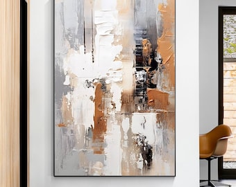 Neutral Abstract Texture Painting on Canvas, Beige Brown Gray Wall Art