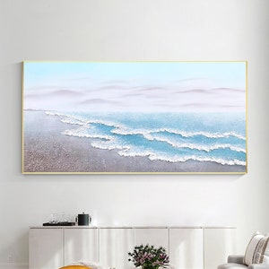 Blue Seascape Painting 3D Texture Sea Waves Beach Wall Art, Oversize Large Horizontal Coastal Blue Ocean Wall Art New Home Art Decor