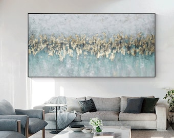 Gold & Blue Abstract Textured Painting On Canvas: Gold Leaf Modern Wall Art