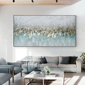 Gold Blue Textured Art Abstract Painting On Canvas Horizontal Long Living Room Bedroom Gold Blue Wall Art Decor Original Hand-painted Art