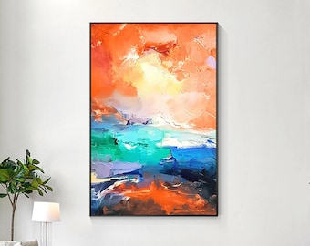 Orange Abstract Painting: Textured Sunrise, Vertical Canvas Art
